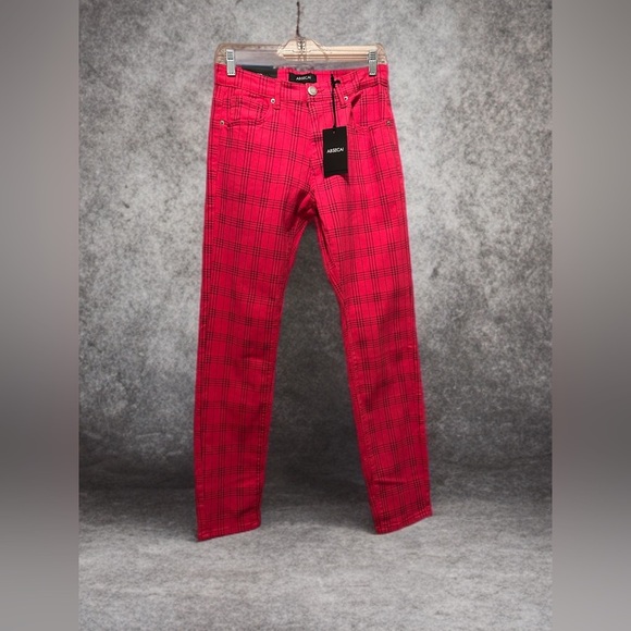 NWT Mens Skinny Slim Fit Comfy Denim Stretch Pants Pink/Black Plaid Size 30 - Picture 1 of 8